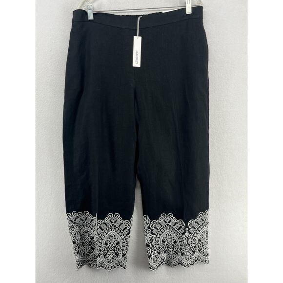 CHICOS Pants 2.5 14 Linen Crop Straight Leg Eyelet Hem Elastic Waist Black NEW - Picture 2 of 16